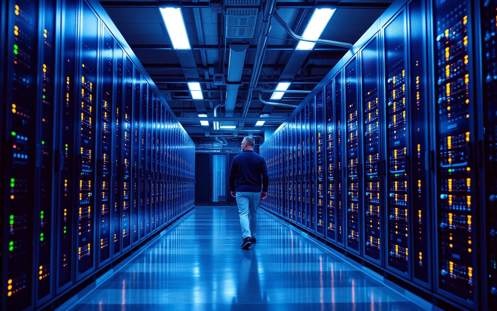 Rows of illuminated server racks inside a large AI data center