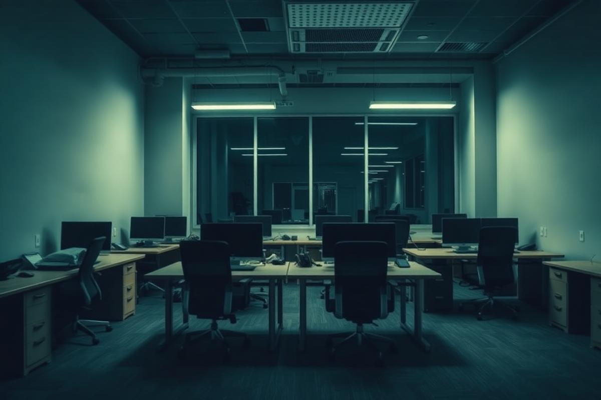 An empty startup office with abandoned desks at night