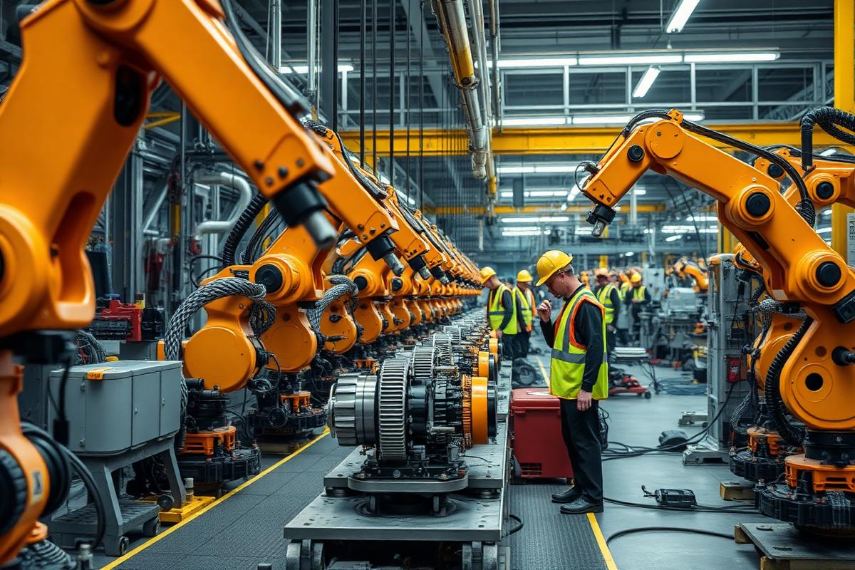 Robotic arms and workers on an industrial factory assembly line