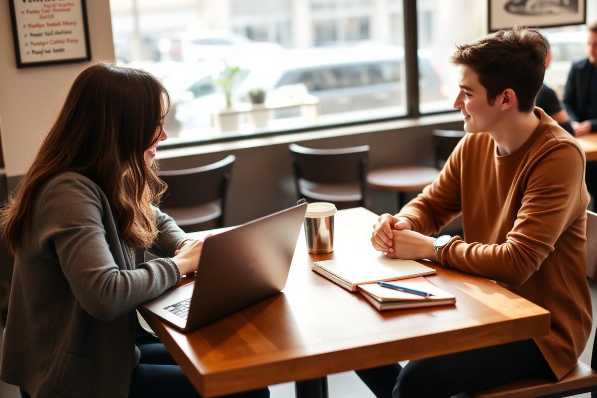 Two founders discussing a seed pitch over a laptop at a cafe table