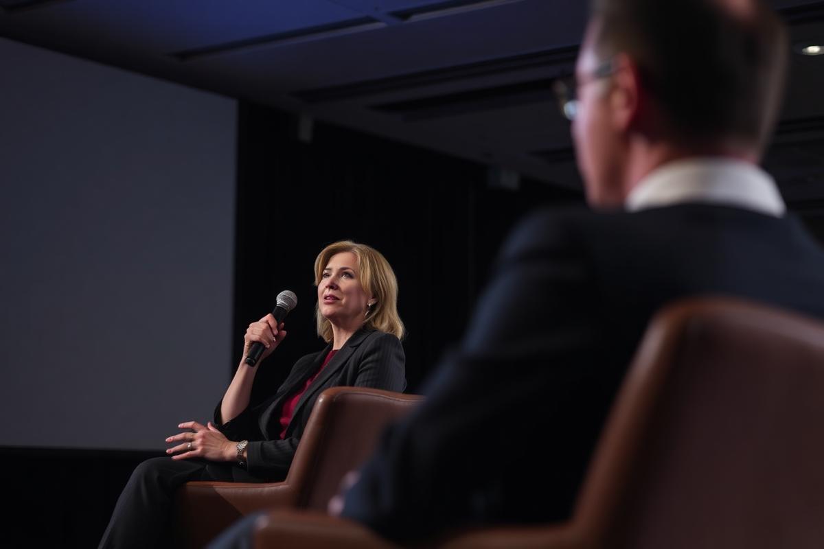 An executive speaking into a microphone during a panel discussion
