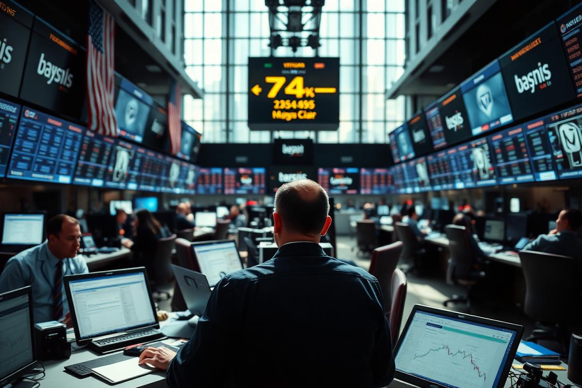 Traders working at multi-screen desks on a stock exchange trading floor