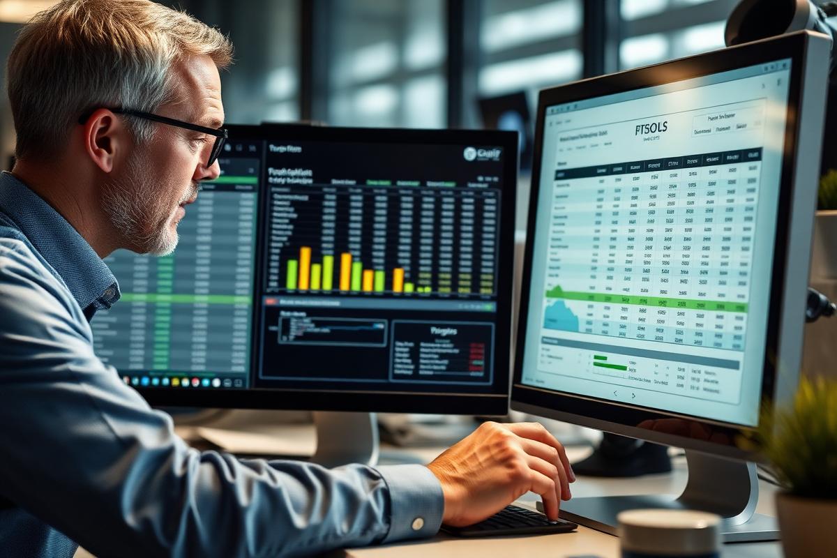 A finance officer reviewing treasury cash-flow spreadsheets on a monitor